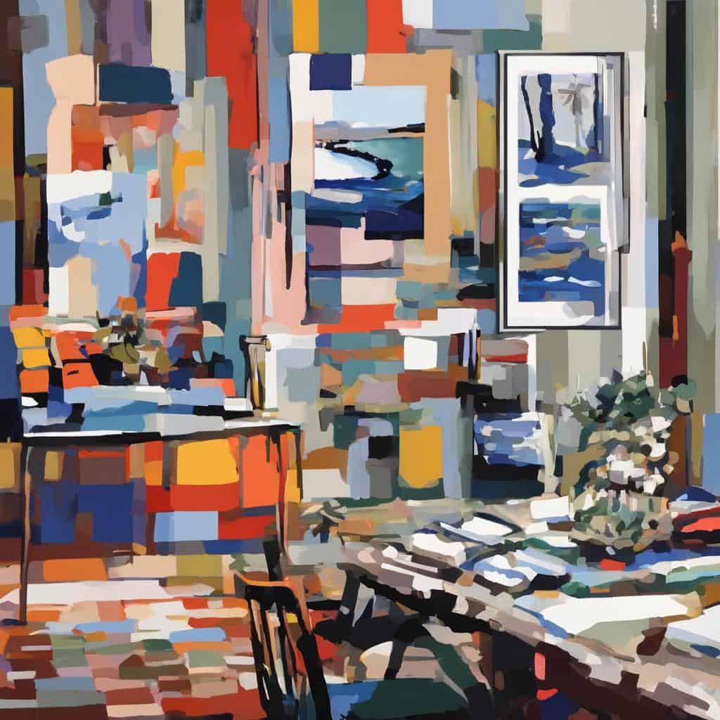 Ζωγραφική στον εσωτερικό χώρο με πολύχρωμα μοτίβα και καθρέφτη, δημιουργώντας καλλιτεχνική ατμόσφαιρα.