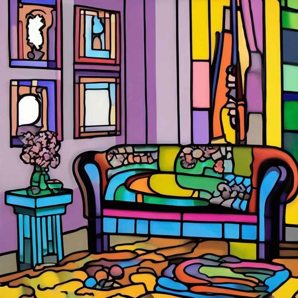 Ζωγραφική με έντονα χρώματα και γεωμετρικά στοιχεία σε εσωτερικό χώρο, αποπνέει καλλιτεχνική έκφραση και σύγχρονη αισθητική.