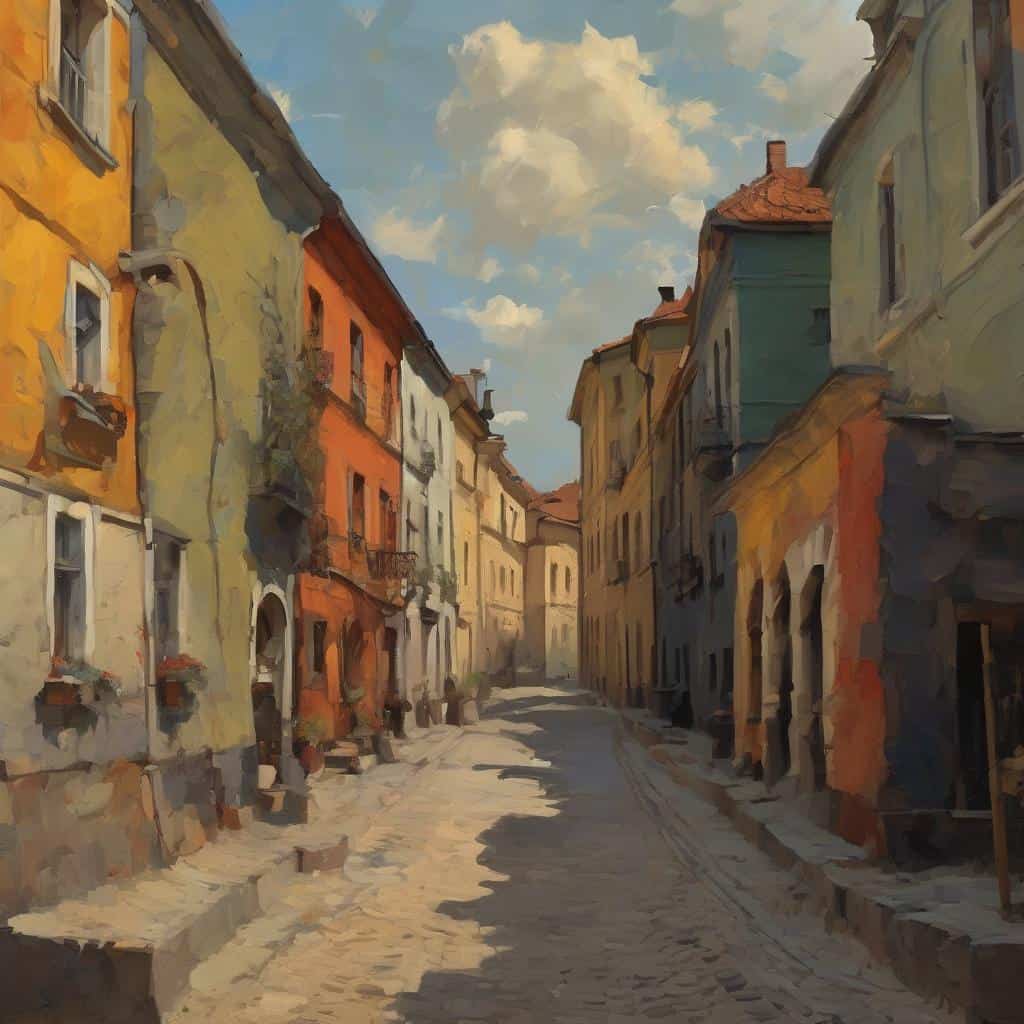 παλιά ευρωπαϊκή γειτονιά, χρωματιστά σπίτια, πλακόστρωτος δρόμος, ηρεμία και καλλιτεχνική ατμόσφαιρα.