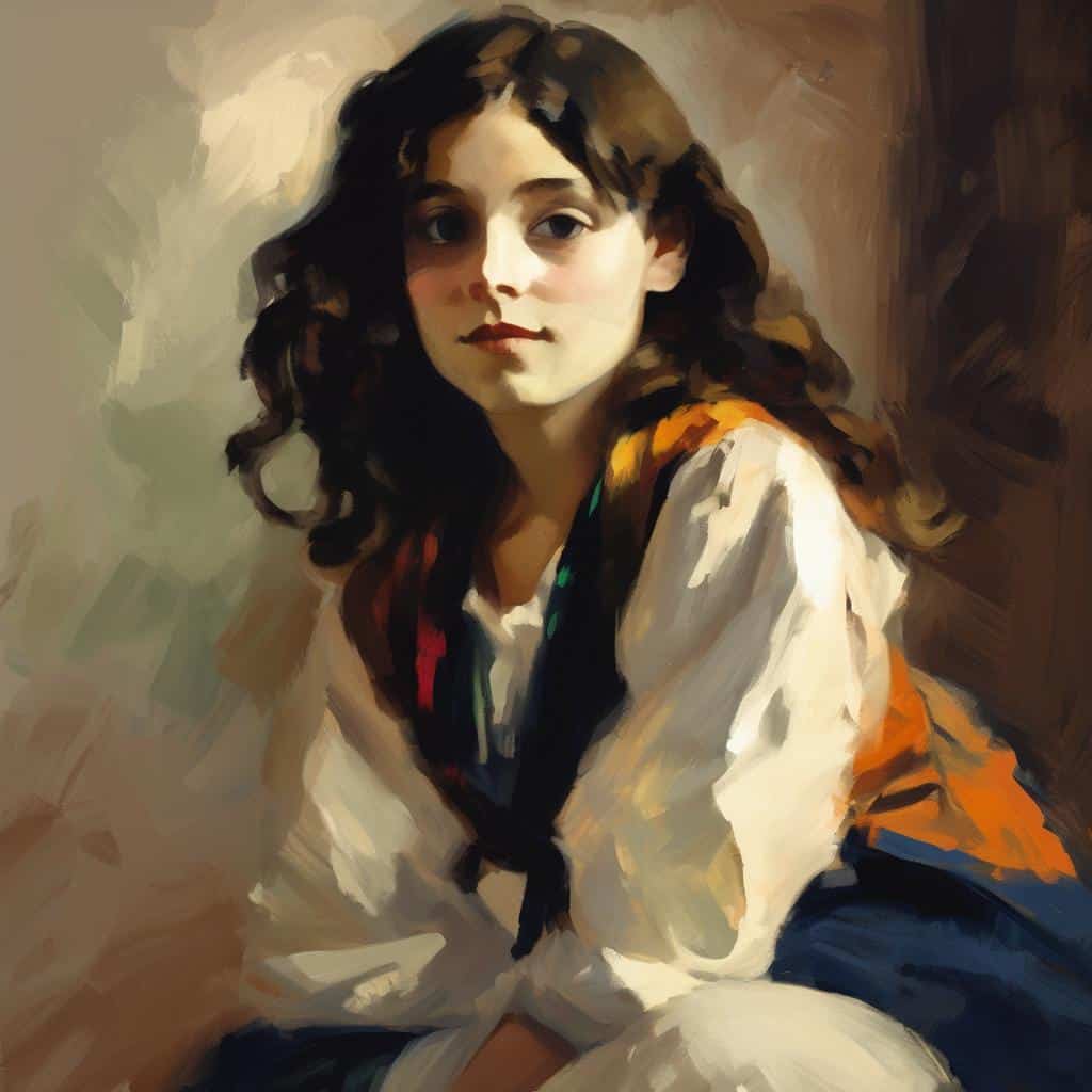 Όμορφη νέα γυναίκα με κατακόκκινα μαλλιά και σχολική νοσταλγία σε πορτραίτο ζωγραφικής με θέμα τον δεσμό εικόνας και συνείδησης.