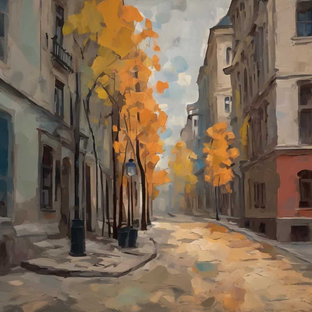 Οδός με φθινοπωρινά δέντρα σε πίνακα ζωγραφικής, αναδεικνύοντας την σχέση εικόνας και συνείδησης.