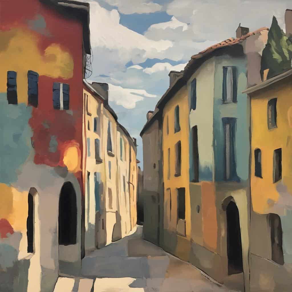 Παλιά πόλη με πολύχρωμα κτίρια και στενά δρομάκια, εικαστική απεικόνιση, τέχνη και πολιτισμός, εικόνα αστική τοποθεσία, Η Σχέση Εικόνας και Συνείδησης.