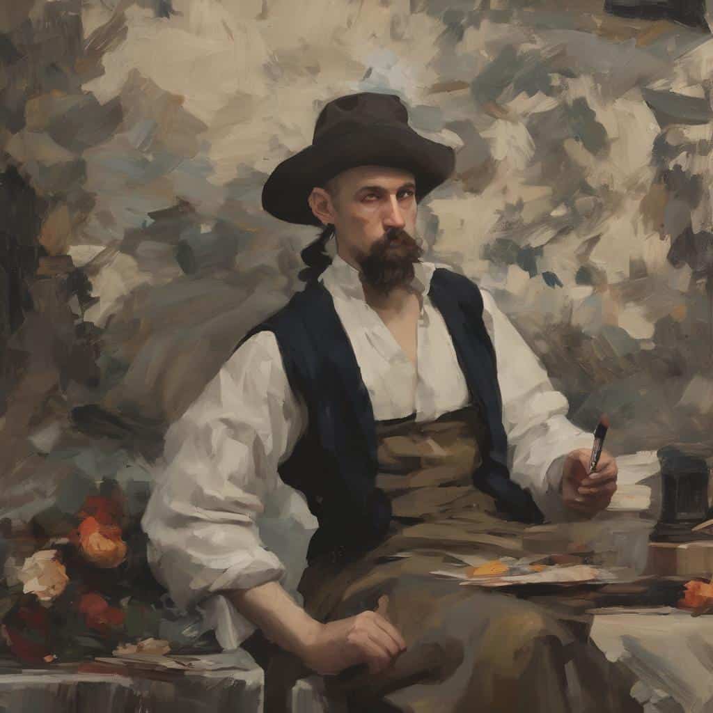 Ζωντανή αναπαράσταση εργαζόμενου ζωγράφου με καπέλο και εργαλεία, αναδεικνύοντας τη σχέση εικόνας και συνείδησης στην τέχνη.